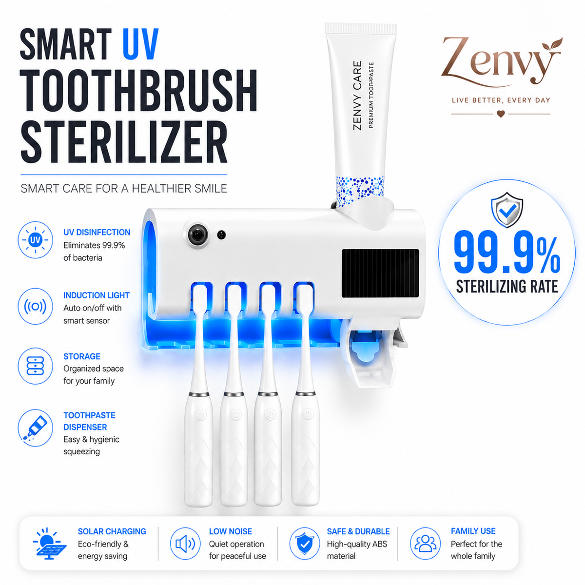 Smart UV Toothbrush Sterilizer Toothbrush Holder and Toothpaste Dispenser